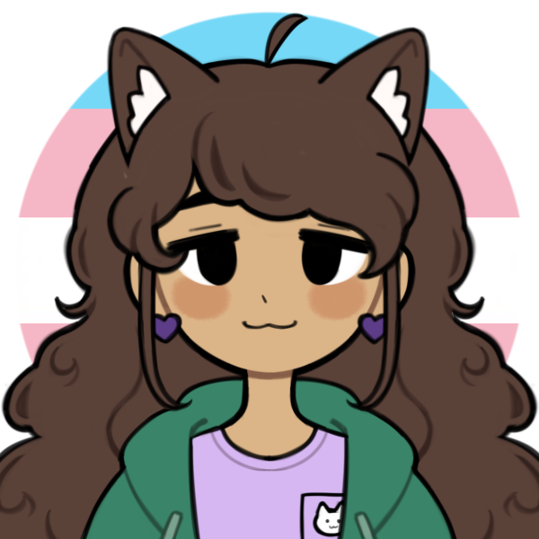 A picrew depicting a girl with cat ears, brown hair, and a facial expression showing she is a little tired. The background features the trans flag.